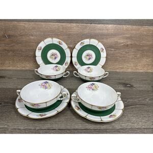 Rosenthal Bavaria Green & Gold Double Handle Soup Cup & Saucer ~ 4 Pc